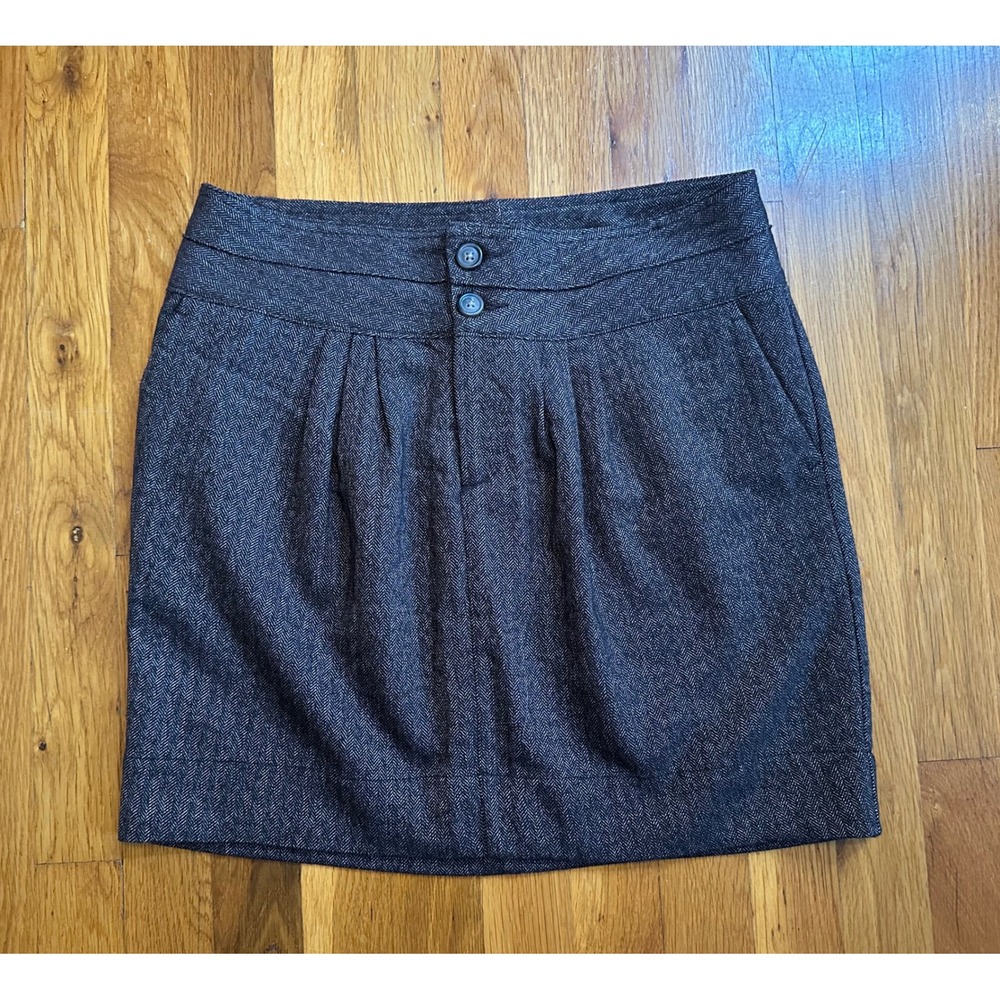 Gap Women Brown Herringbone Pleated Mini Skirt Stretch Pockets Size 6